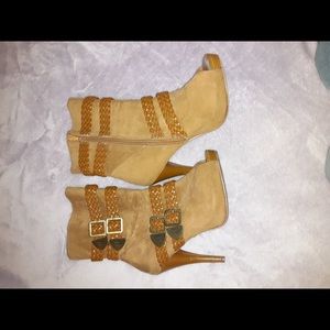 Gold color faux suede high heel open toe boots